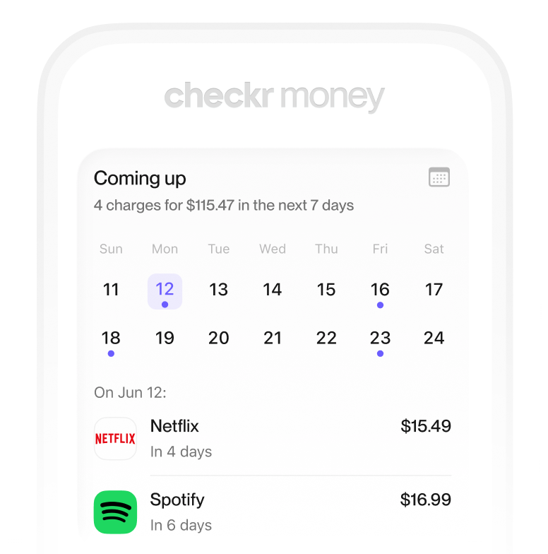 Calendar of upcoming subscription charges with Netflix and Spotify renewals